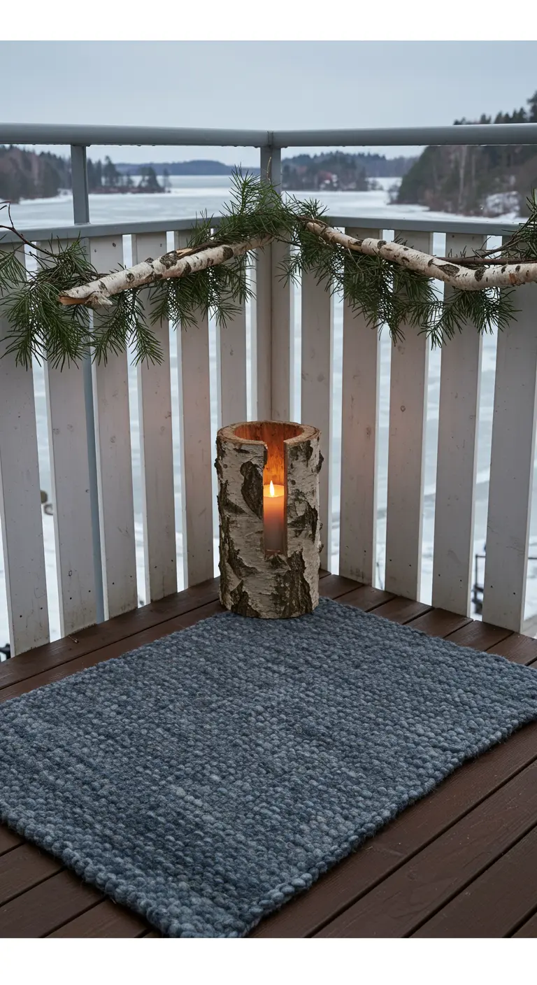 A balcony overlooking a frozen lake, with a birch log candle holder and a blue woven rug.