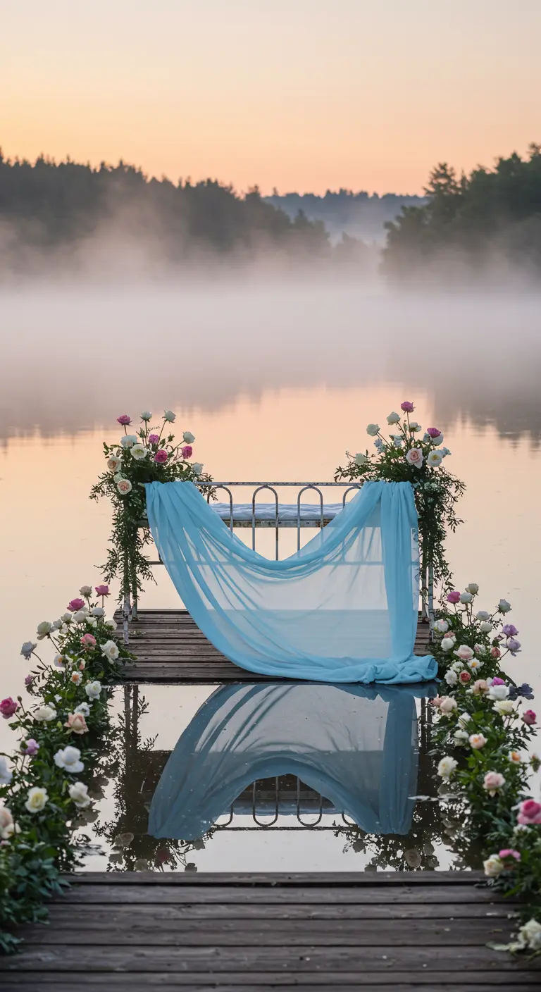 A daybed on a misty lake dock, decorated with pink and white roses and a sheer blue cloth.