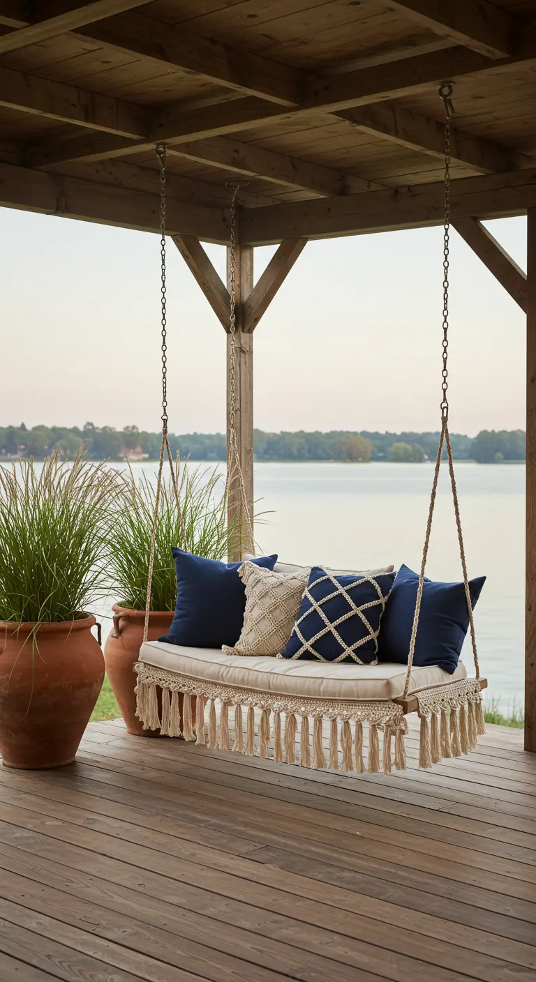 Fringed swing sofa with navy pillows on a wooden deck overlooking a lake.