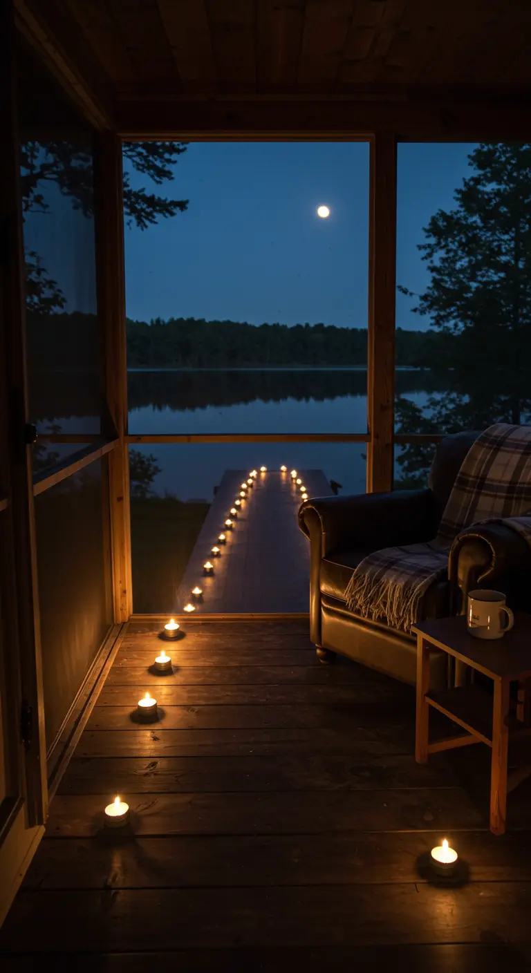 View from a screened porch showing a candlelit path leading down a dock to a lake at night.