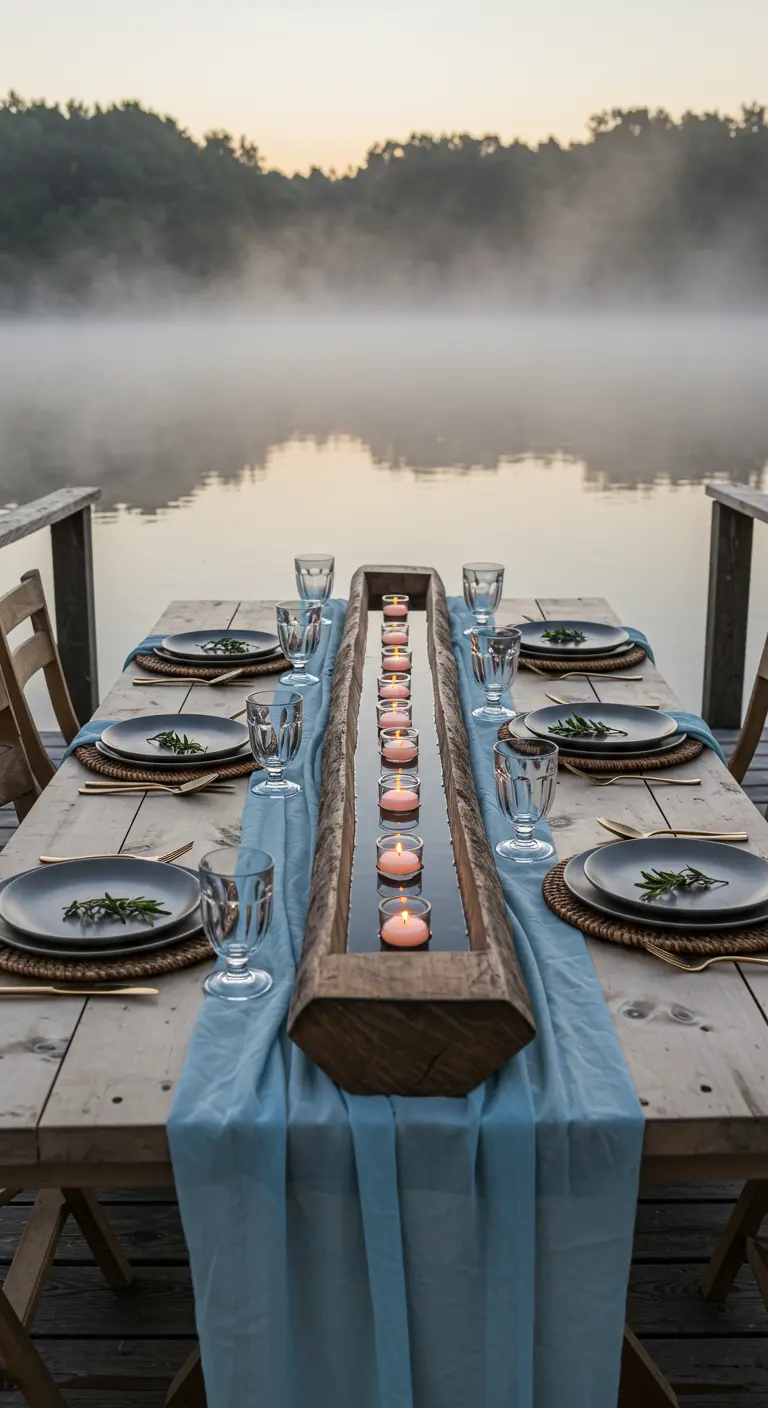 Table on a dock with a blue runner and a long wooden trough filled with floating candles.