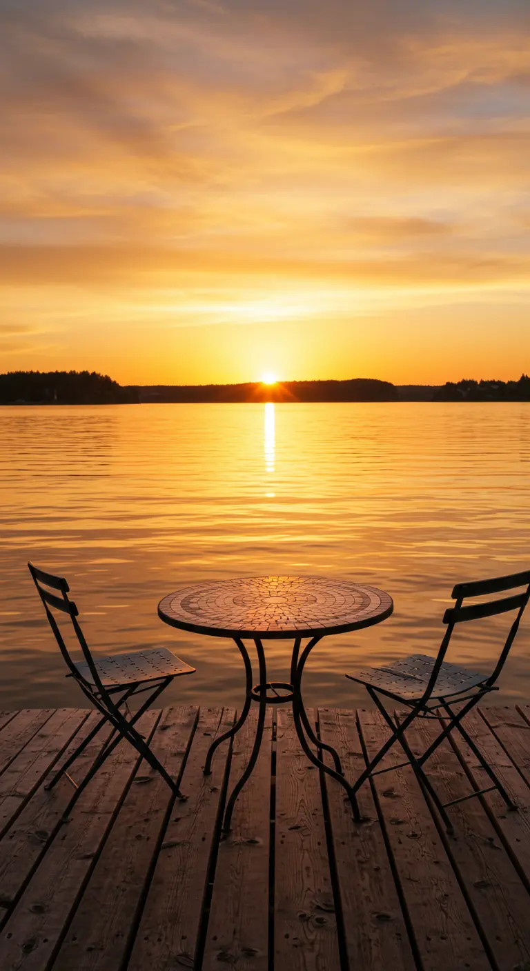 Mosaic bistro set silhouetted on a wooden dock against a golden sunset over a lake.