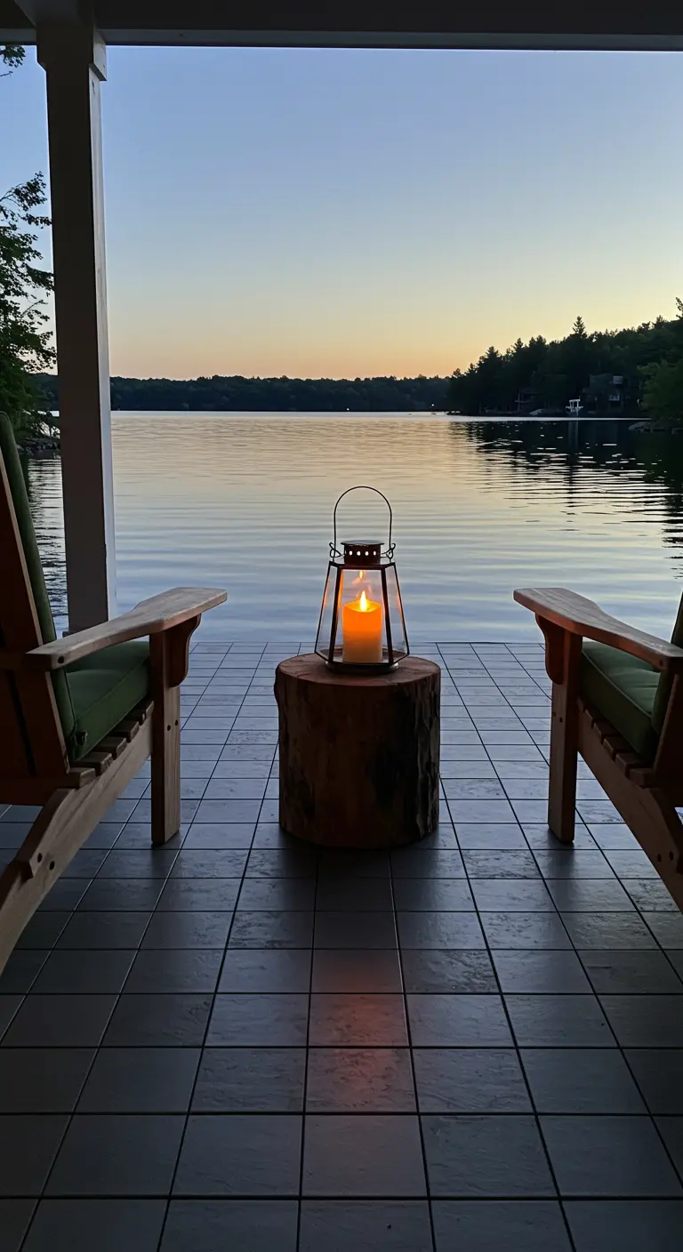 Two chairs on a dock facing a lake at sunset, with a lantern on a log stump.