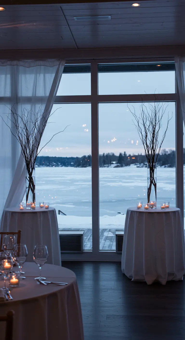 Two cocktail tables with simple branch centerpieces in front of a large window with a frozen lake view.