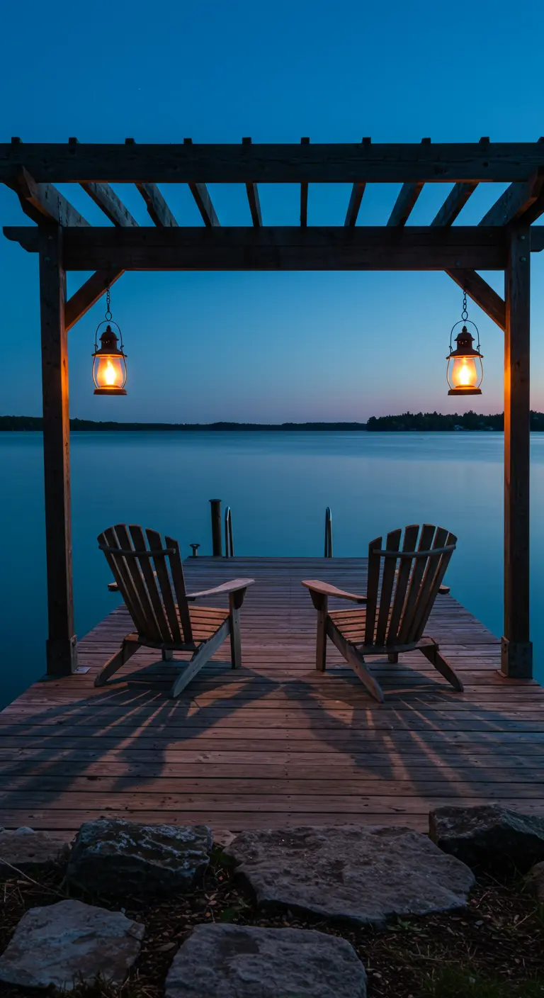 Two Adirondack chairs on a dock under a pergola with two hanging lanterns at dusk.