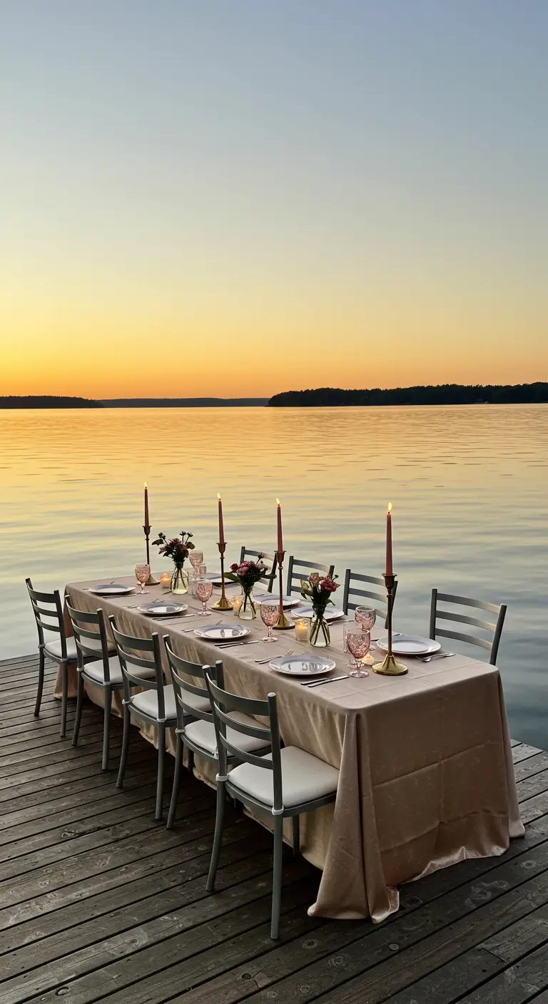 A dining table set on a wooden dock at sunset over a calm lake.