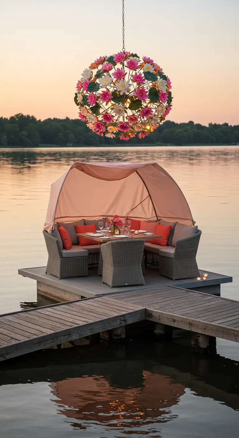 A dining setup on a dock with a spherical chandelier made of pink and white water lilies.