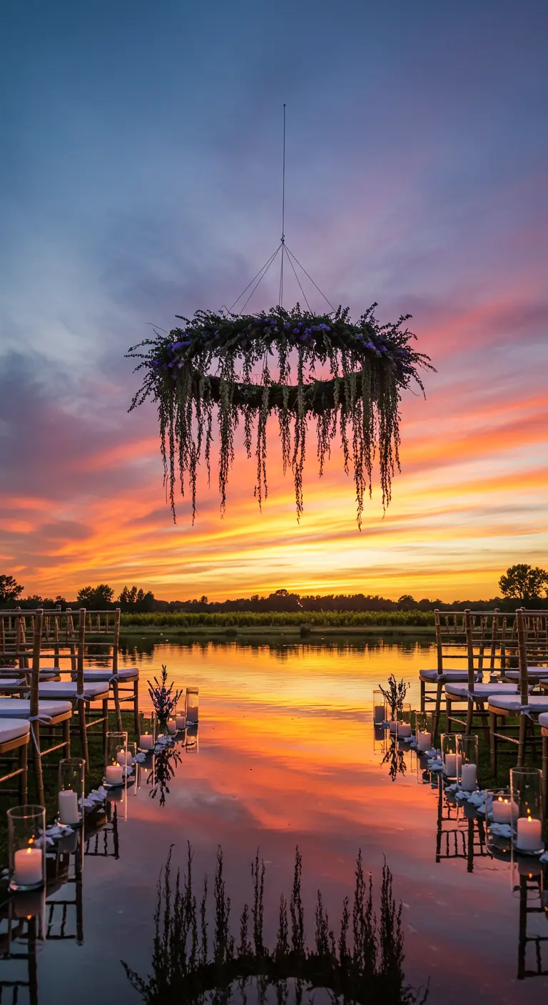 A large wreath chandelier with long, trailing greenery hanging over a lake at sunset.