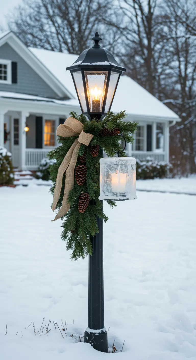 A classic black lamppost decorated for winter with an evergreen swag and a hanging ice candle.
