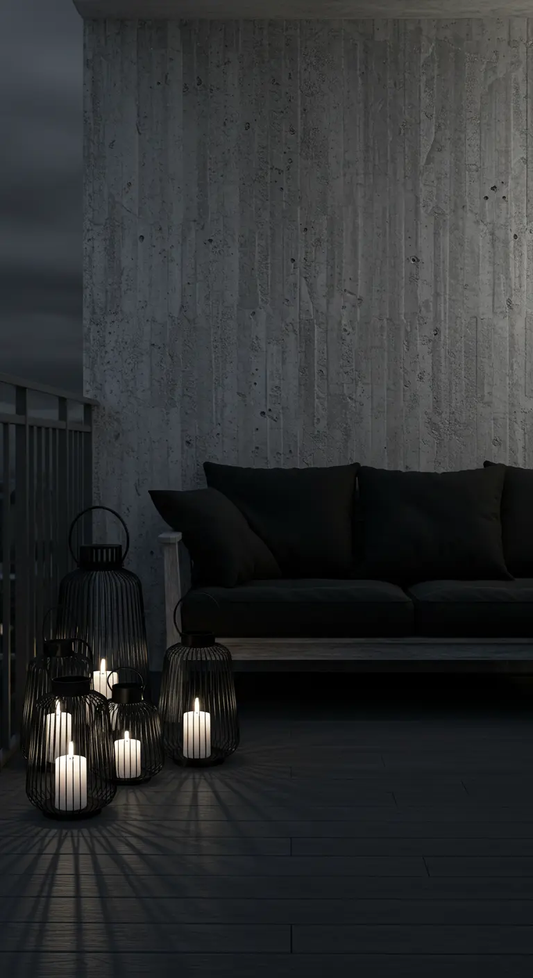 A cluster of black metal lanterns of various sizes with candles glowing on a dark floor.