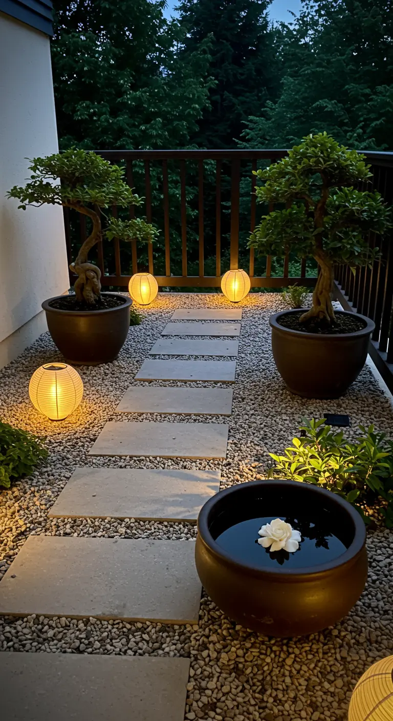 Zen balcony at dusk with glowing paper lanterns, a stepping stone path, and a water bowl.
