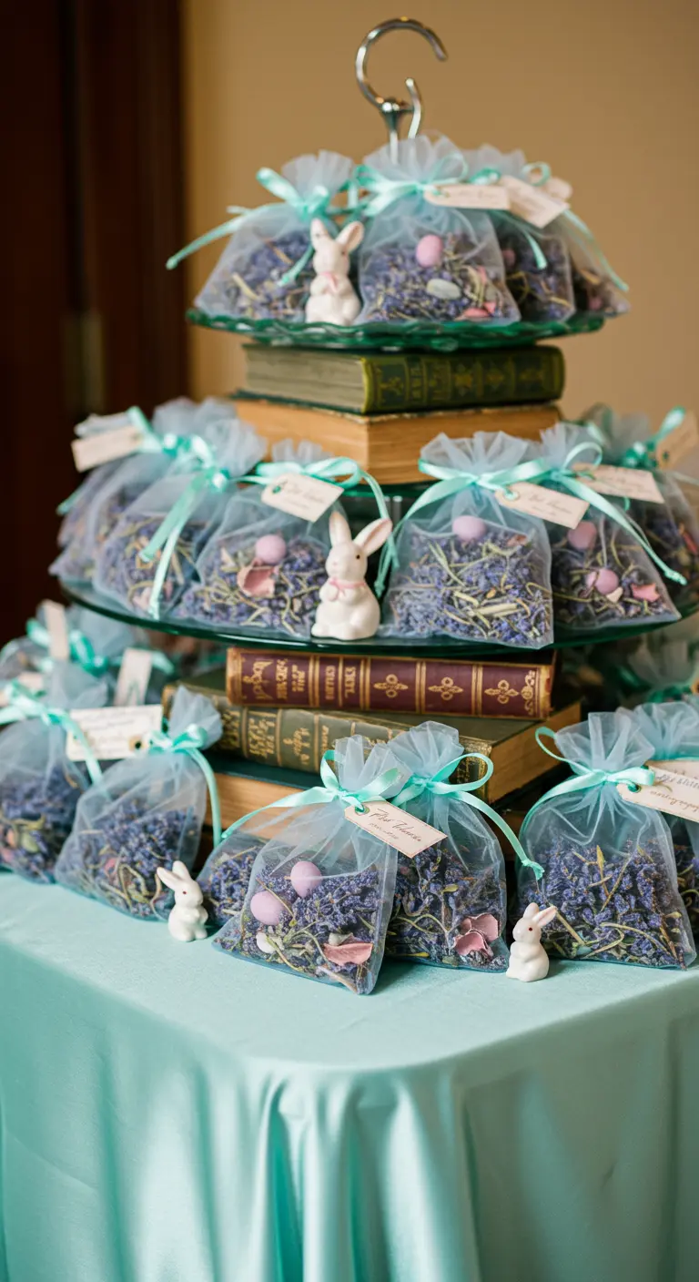 Tiered display of lavender-filled party favors in mint tulle bags.