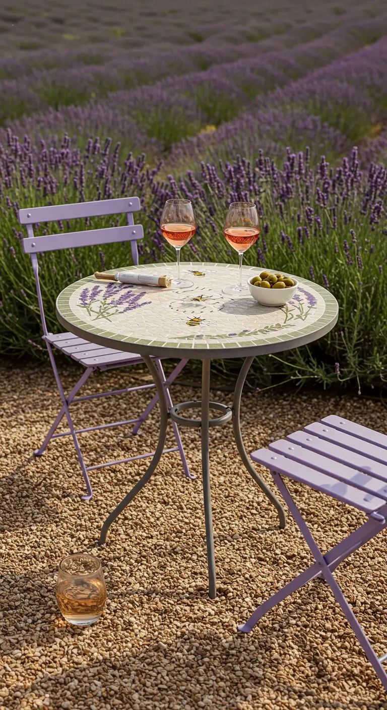 Bistro set with a lavender mosaic design and lilac chairs in a field of lavender.