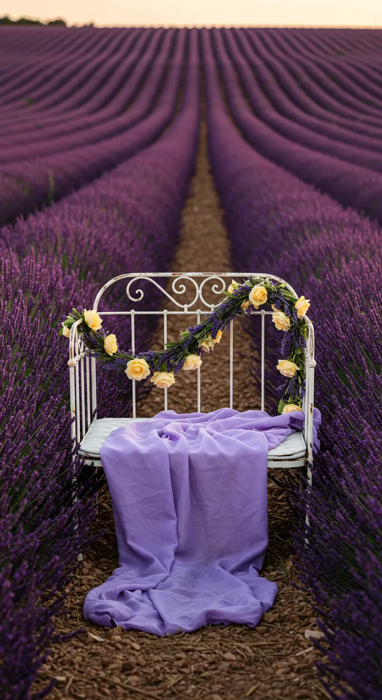 A white daybed in a lavender field, decorated with a yellow rose and lavender garland.