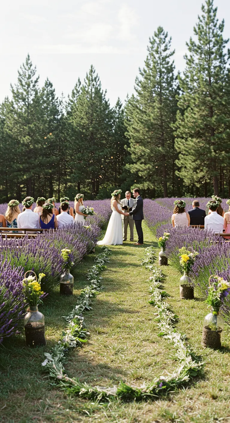 Wedding ceremony aisle running through a lavender field with simple greenery decor.