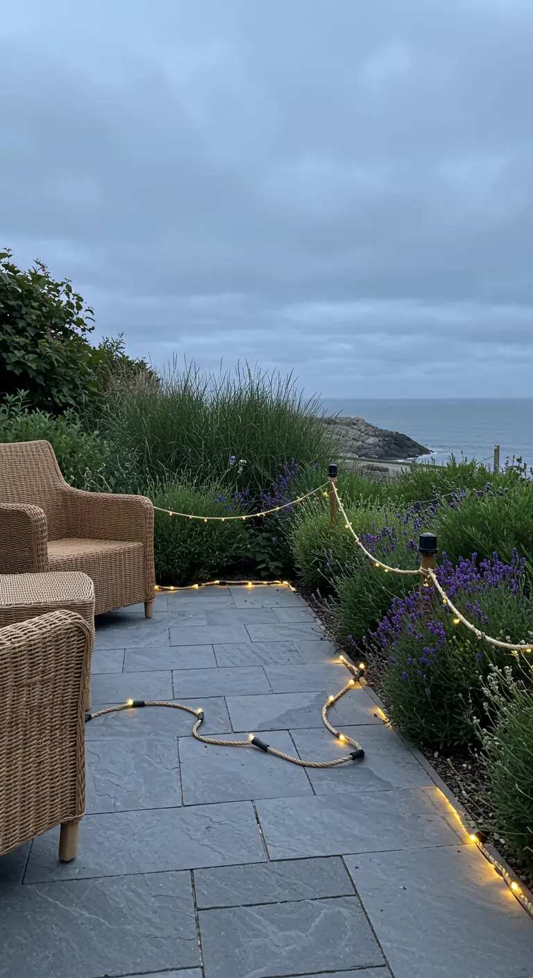 A rope light snaking through a lavender bed next to a slate patio with wicker chairs.