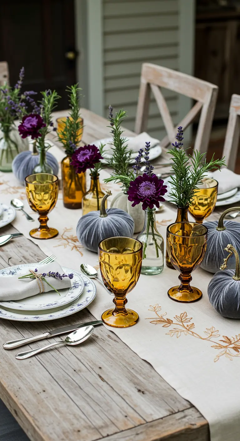 Rustic table with dusty blue velvet pumpkins and fresh lavender arrangements.