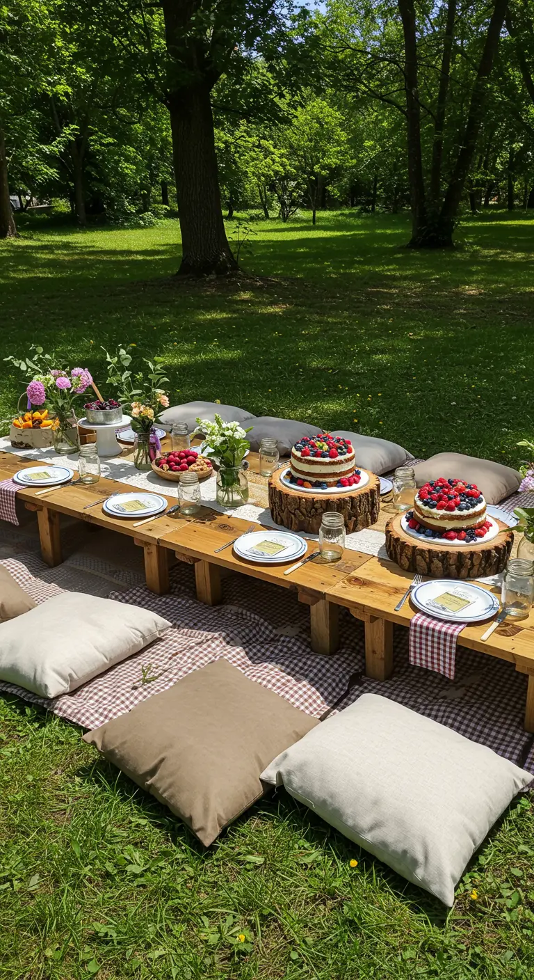 Low woodland picnic table in a park with cushions on the grass and berry-topped cakes.