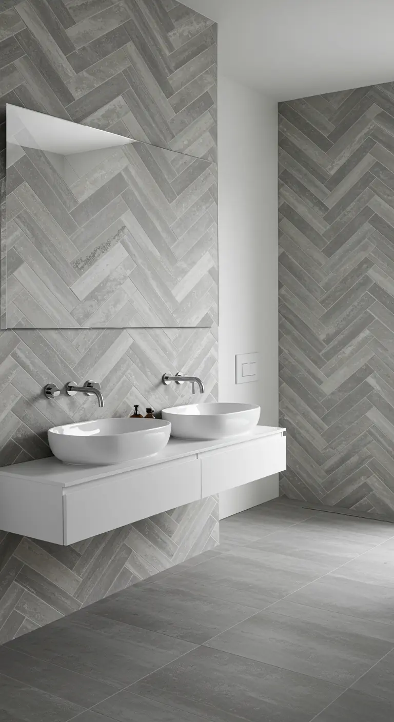 Minimalist grey bathroom with a striking herringbone tile accent wall.