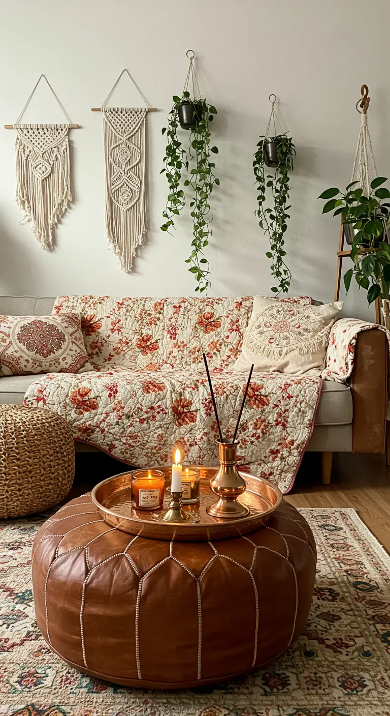 Bohemian living room with a floral quilt draped over the sofa and macrame on the wall.