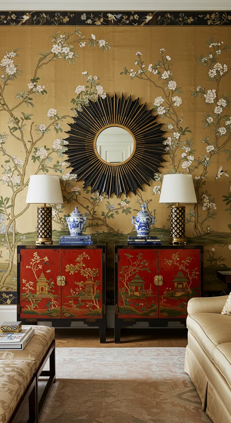 A black sunburst mirror hangs on Chinoiserie wallpaper above red lacquer cabinets.