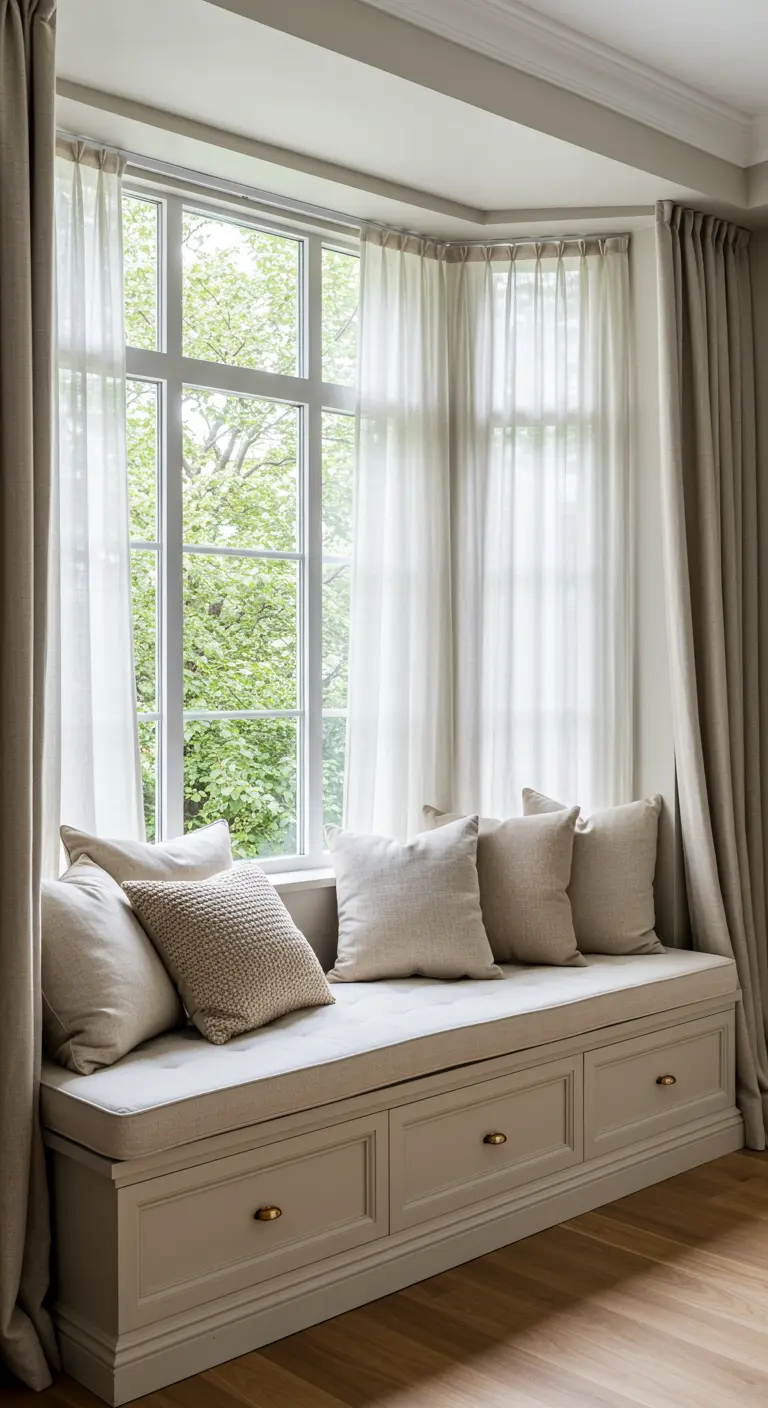 A cozy bay window seat with a thick cream cushion and a variety of textured neutral pillows.