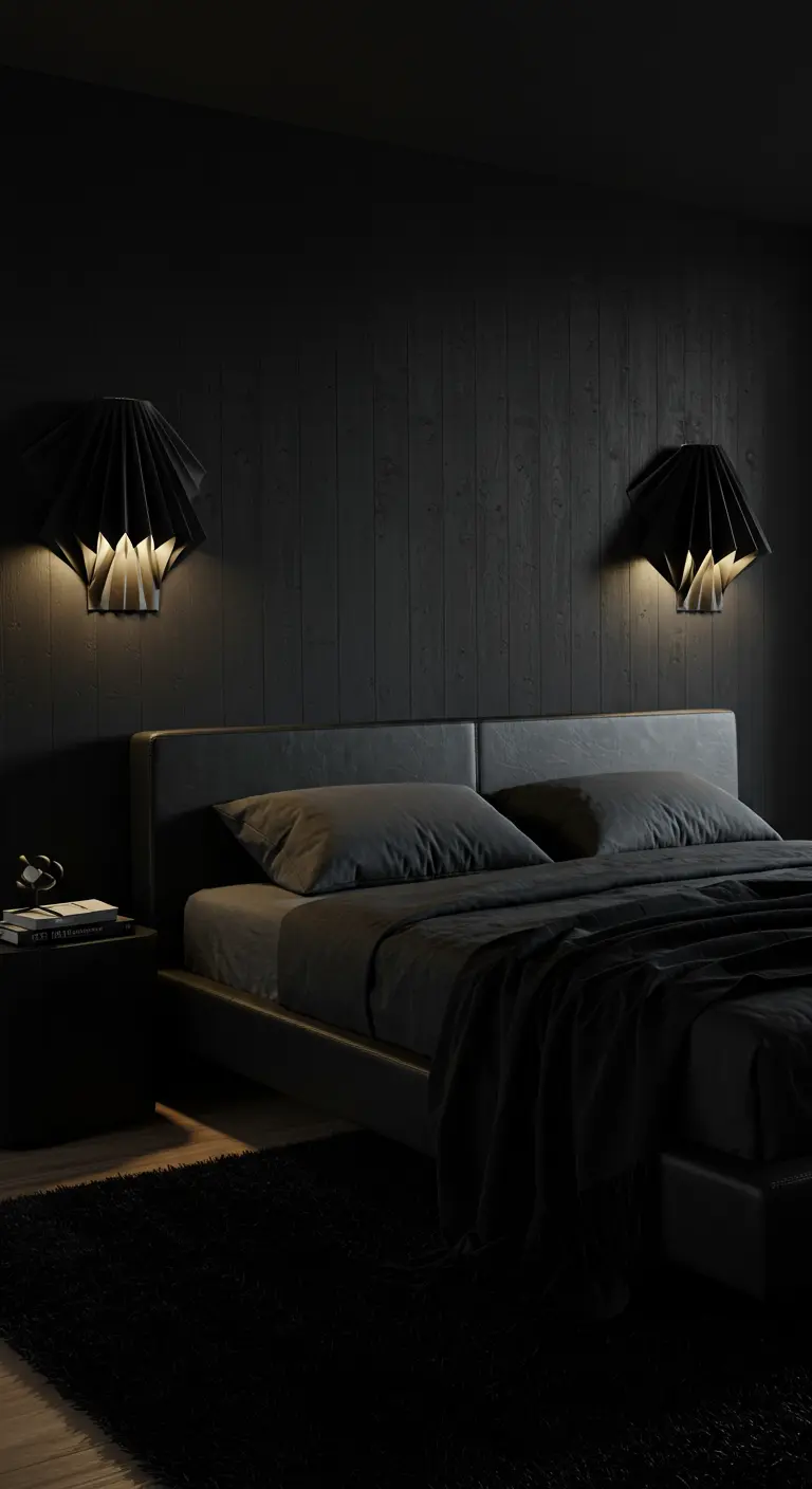 Moody all-black bedroom with two pleated black wall sconces above the bed.