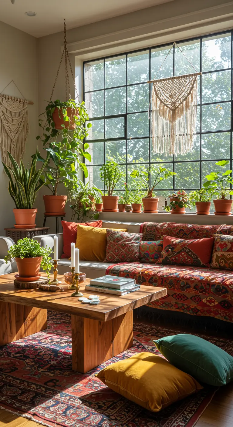 Bohemian living room filled with plants, colorful textiles, and a large live-edge coffee table.
