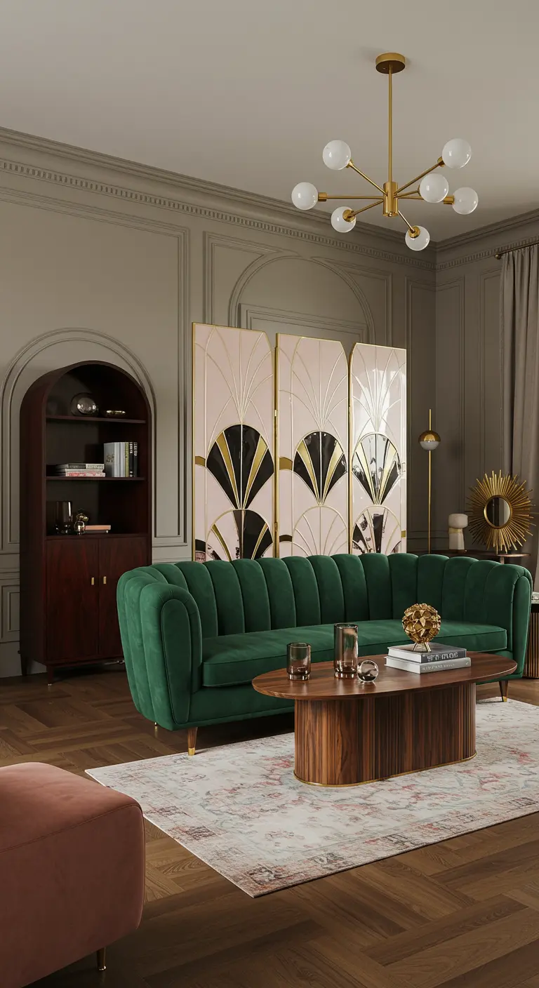 Elegant living room with a green velvet sofa, arched bookcase, and gold Art Deco screen.