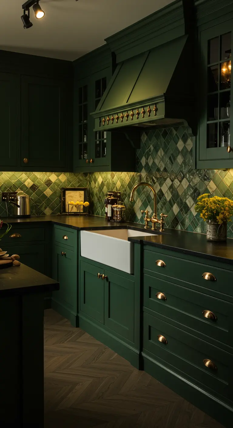 A moody kitchen with dark green cabinets, a glossy green diamond tile backsplash, and warm lighting.