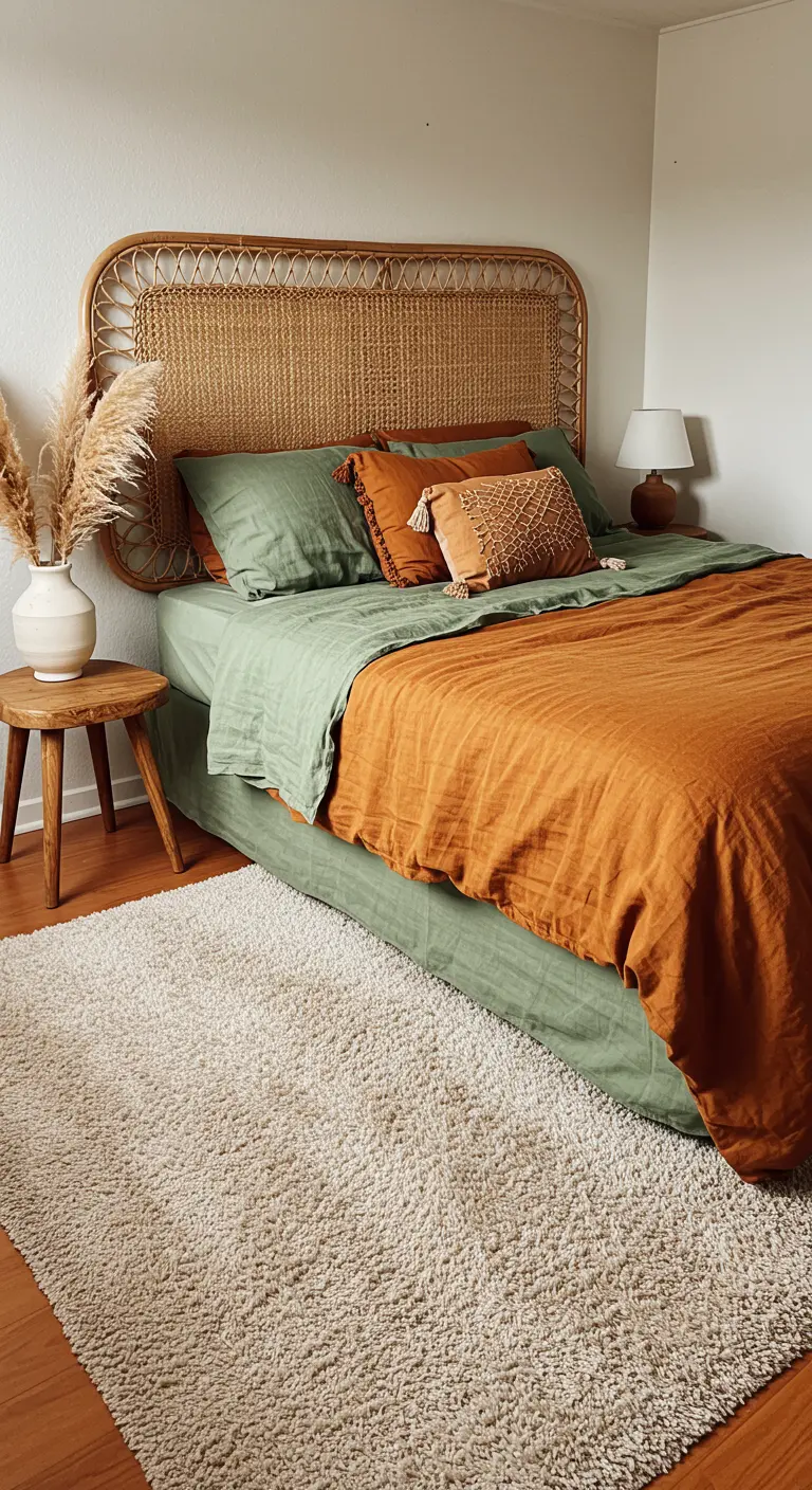 Bedroom with a woven rattan headboard, sage green and terracotta linen bedding, and a plush cream rug.