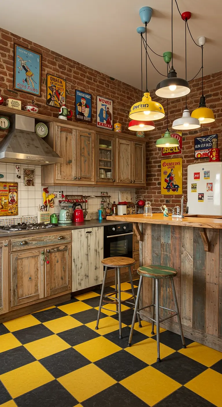 An eclectic kitchen with reclaimed wood, brick walls, and a yellow-and-black checkerboard floor.