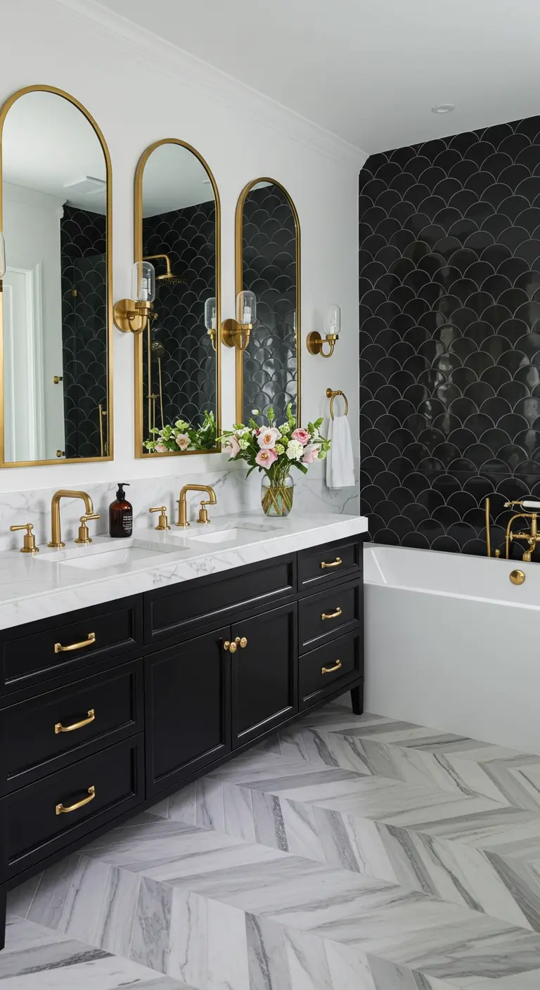 Bathroom with a black scalloped tile wall, three arched mirrors, and a herringbone marble floor.