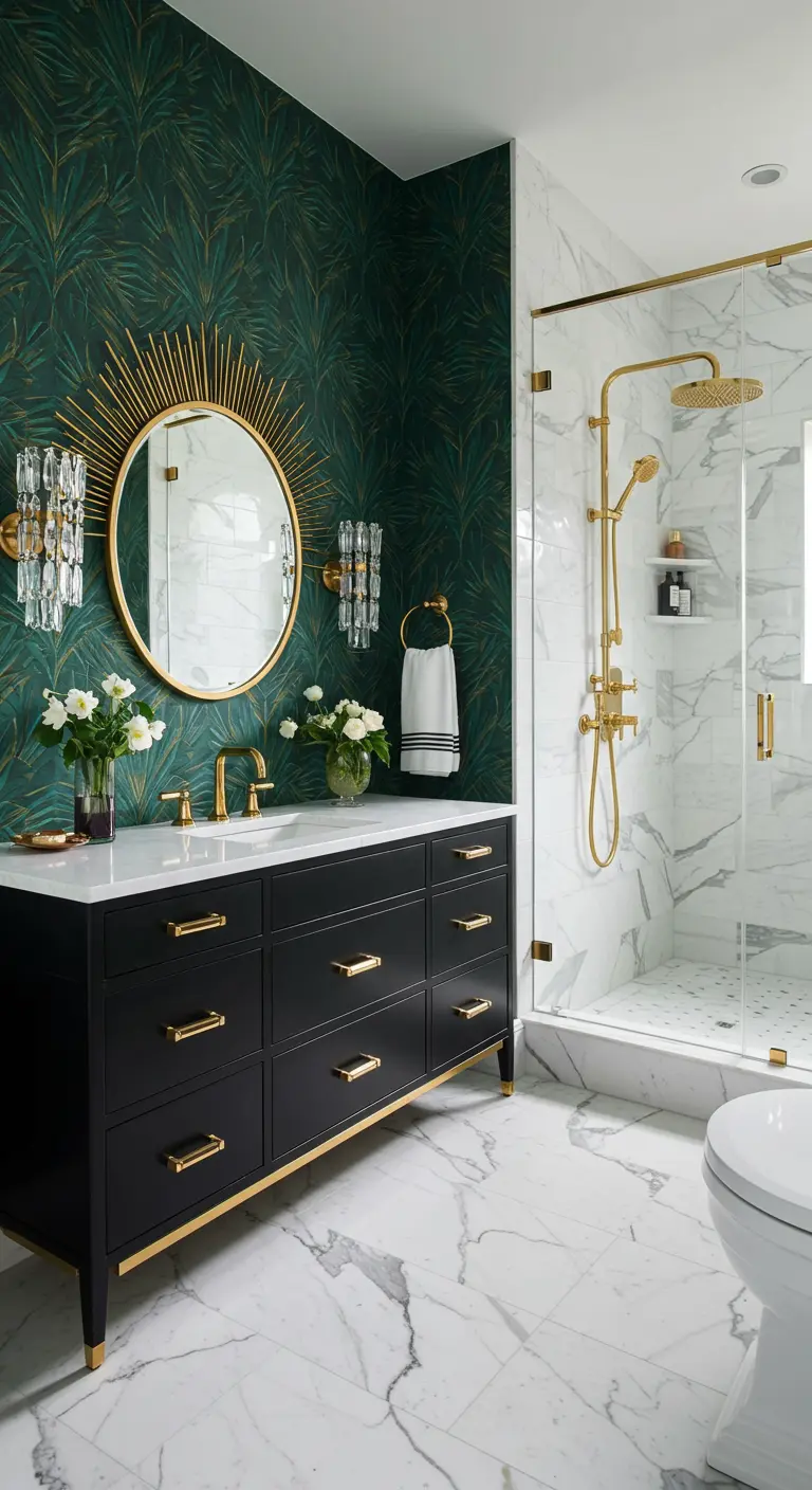 Bathroom with dark green palm wallpaper, a black vanity, and a gold sunburst mirror.