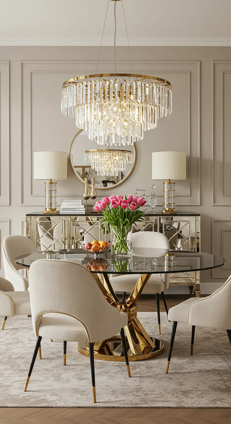 Glamorous dining room with a crystal chandelier, mirrored sideboard, and cream velvet chairs.