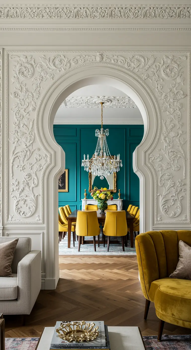 View through an ornate white plaster archway into a teal dining room with a crystal chandelier.