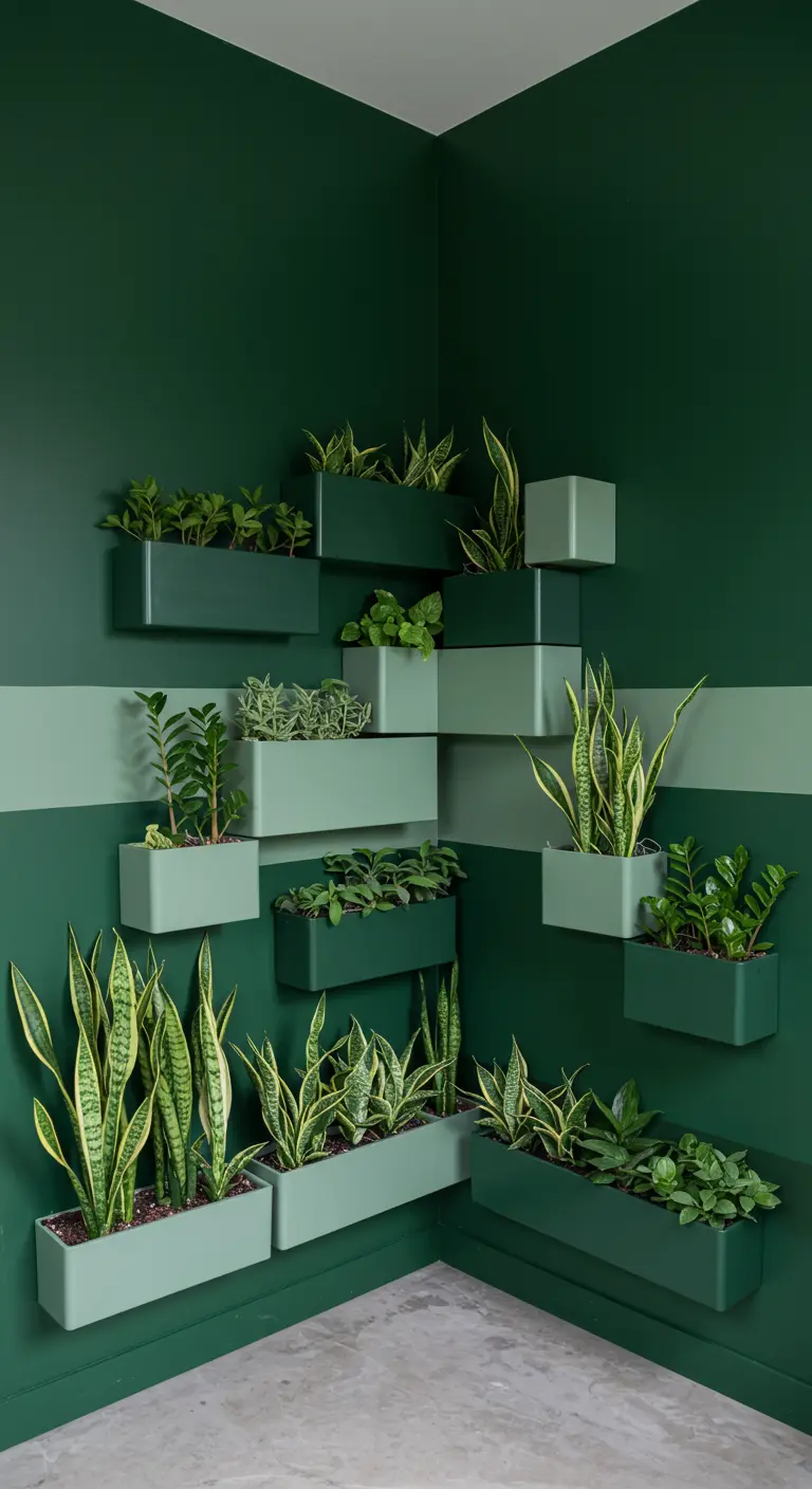A dark green corner wall with lighter green stripes and matching wall-mounted planters filled with snake plants.