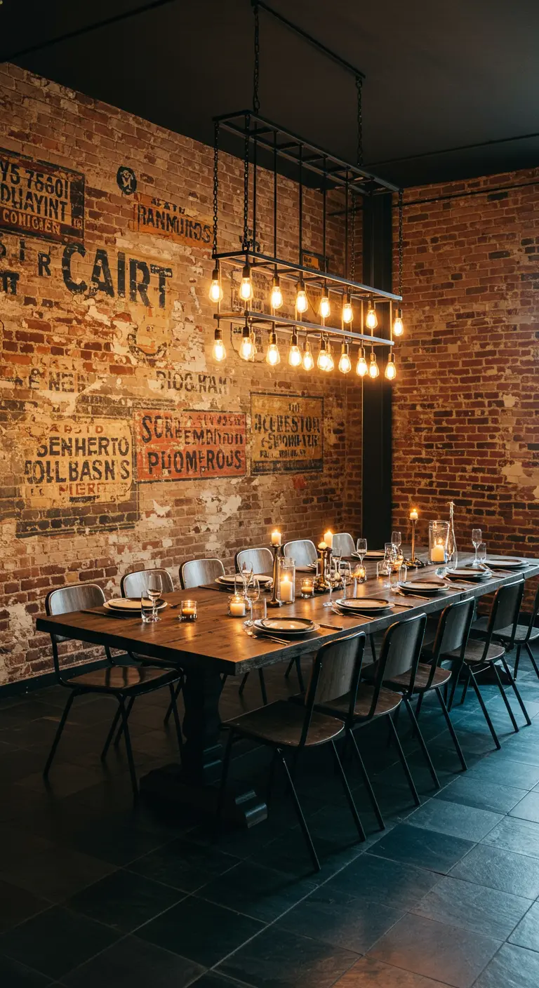 Dining room with ghost signs painted on an exposed brick wall and a long candlelit table.