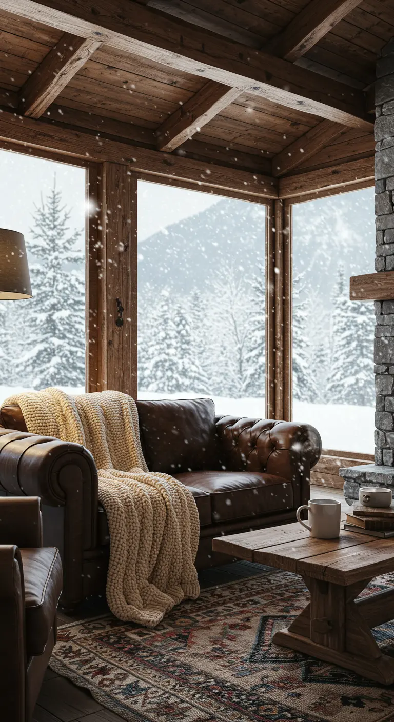 Close-up of a leather sofa with a cozy, chunky cream-colored knit blanket, looking out at snow.