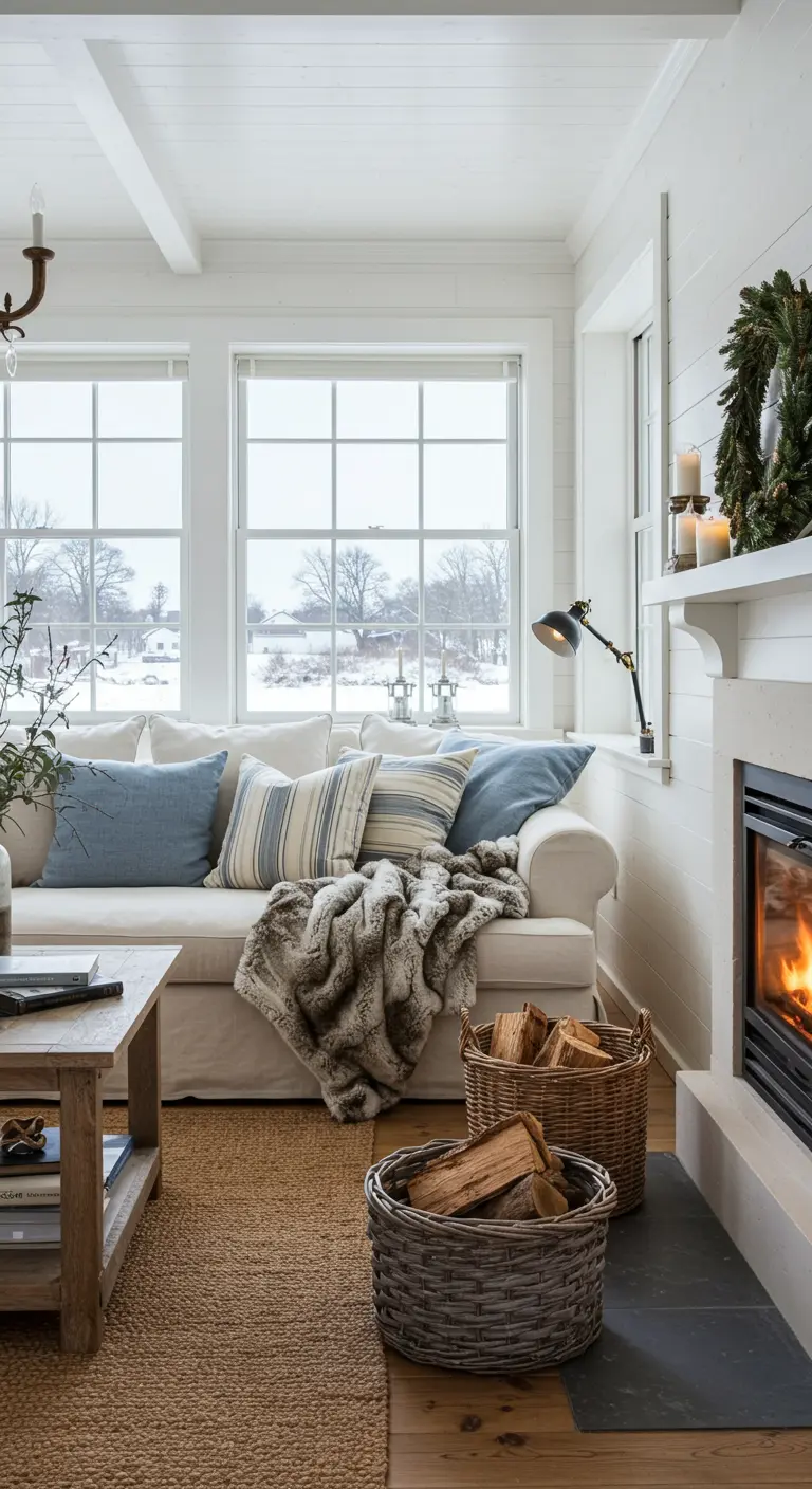 A bright living room filled with houseplants and chunky, natural wood coffee and side tables.