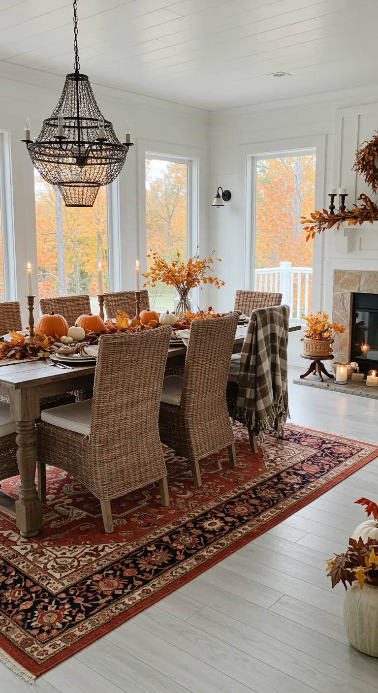 Farmhouse dining room with a large, traditional red and blue rug under the table.