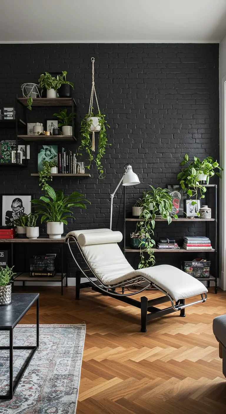 A white chaise surrounded by plants and industrial shelving on a herringbone wood floor.