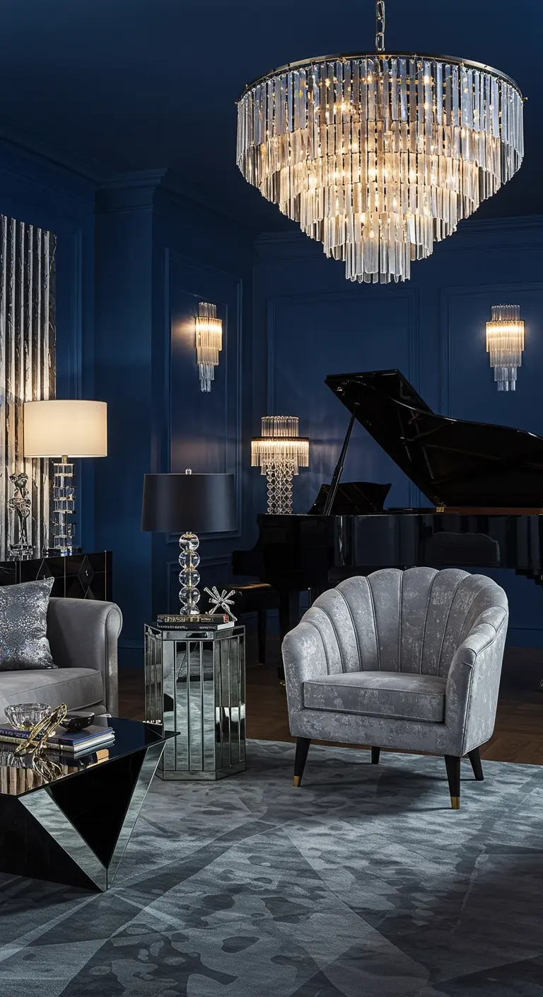 Moody blue living room with a grand piano, crystal chandelier, and layered lighting.
