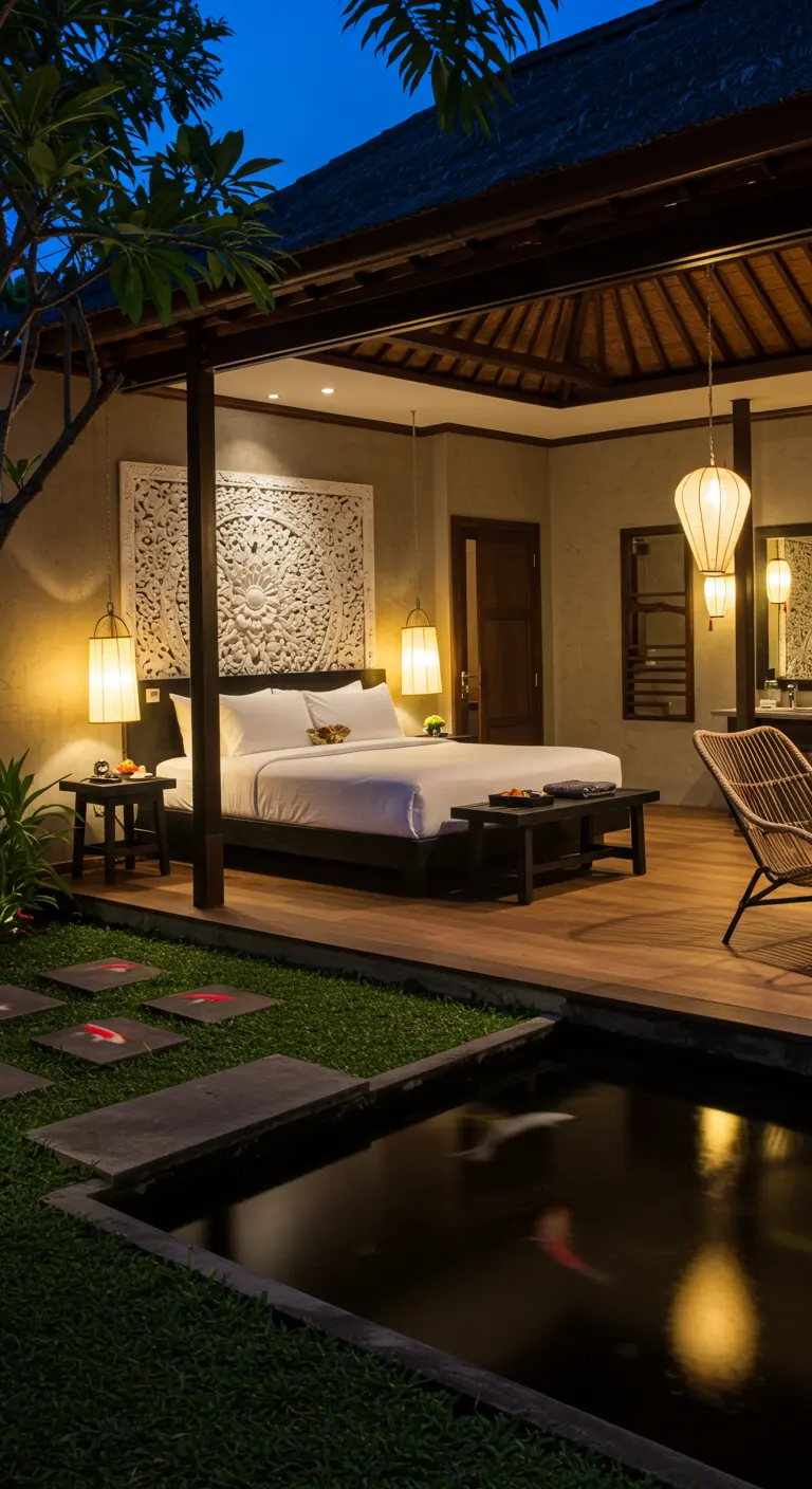Outdoor bedroom pavilion at dusk with a koi pond and warm lanterns.