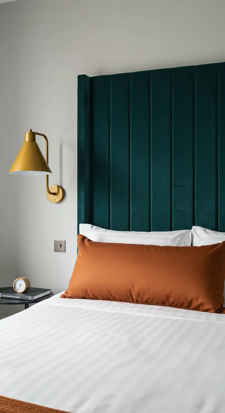 A bed with a tall teal velvet headboard, a terracotta pillow, and a mustard wall sconce.