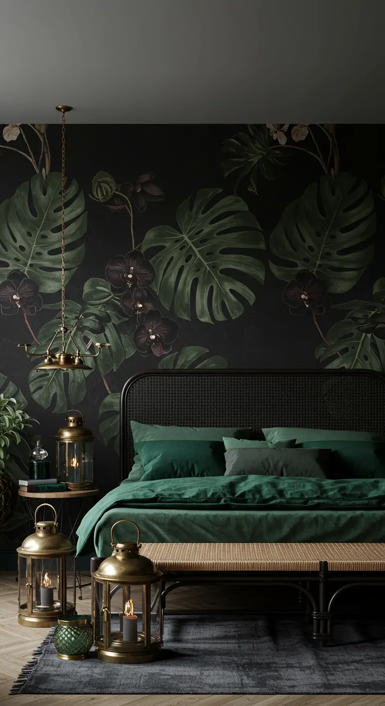 Moody bedroom with a dark green Monstera mural, green bedding, and brass lanterns.