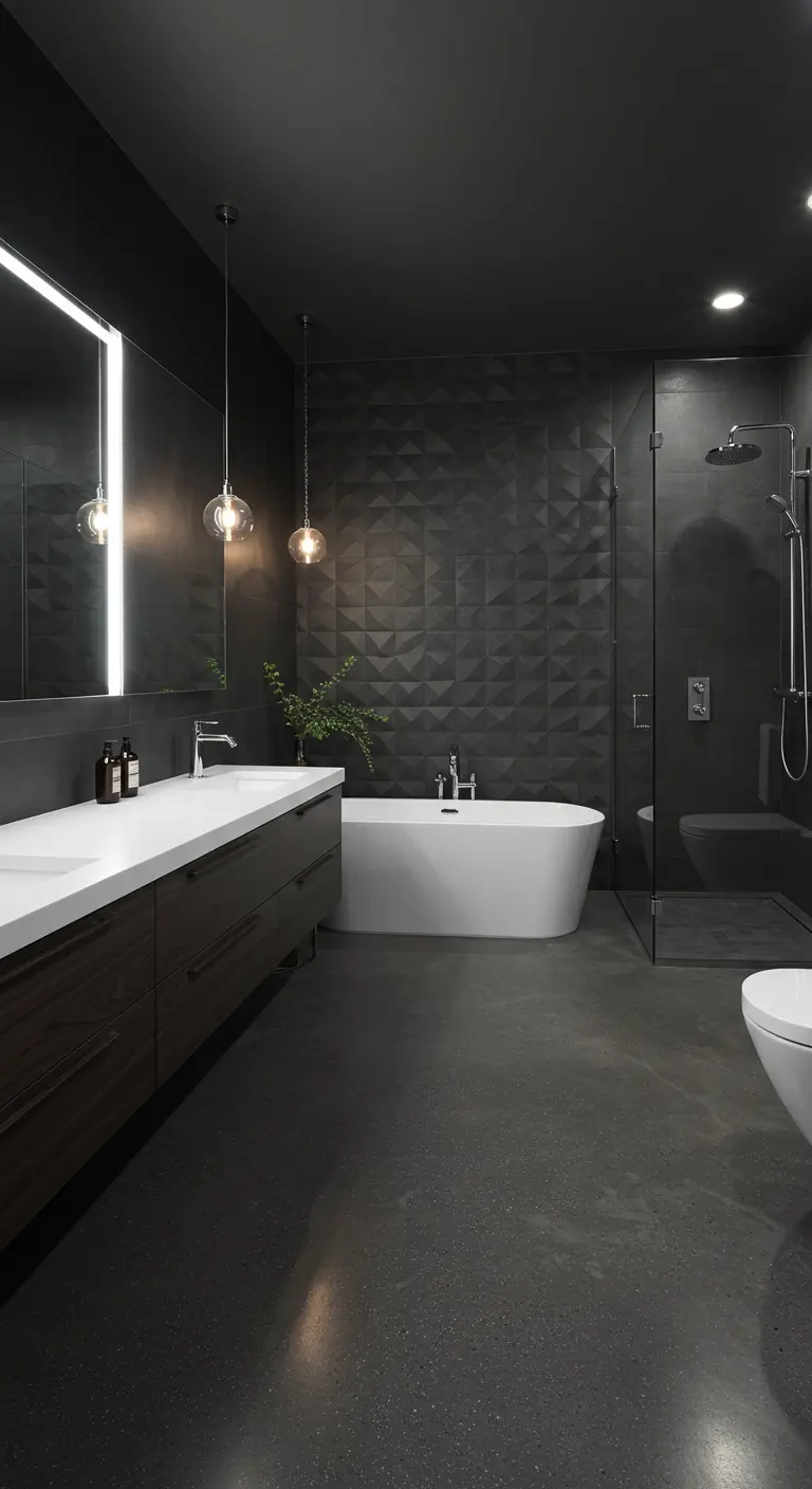 Dark grey bathroom with geometric tiles, a white tub, and modern pendant lights.