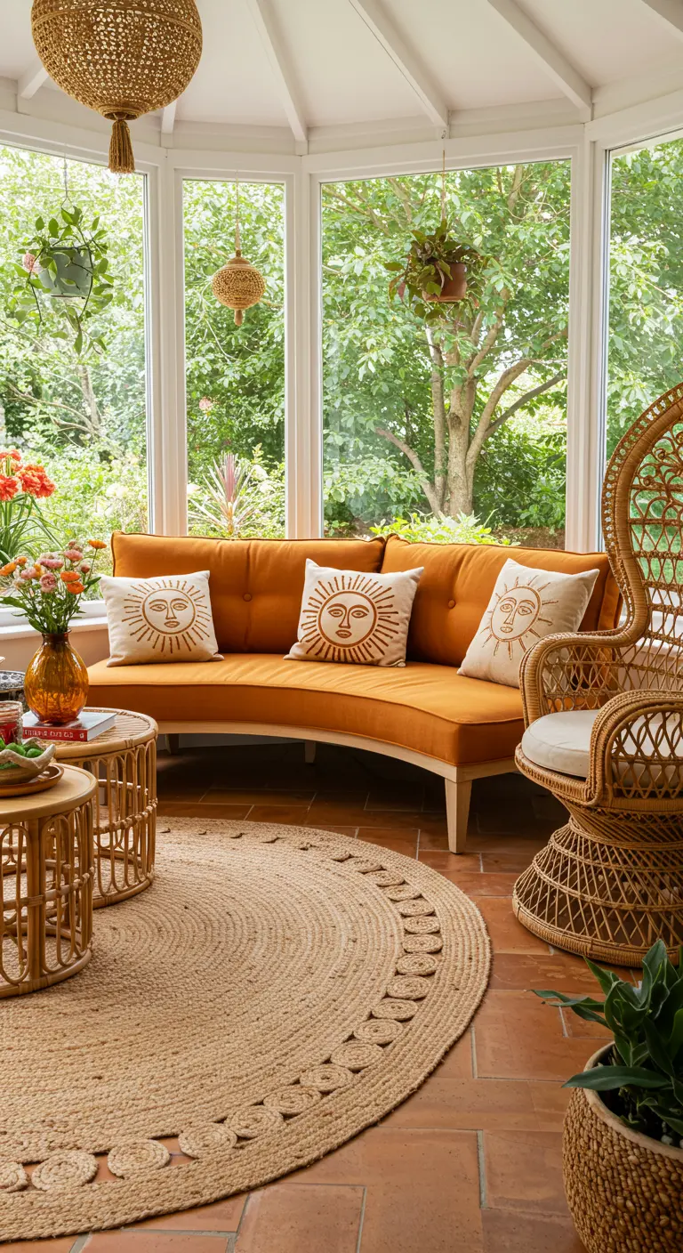 A sunroom with a curved orange sofa, a large rattan peacock chair, and a jute rug.