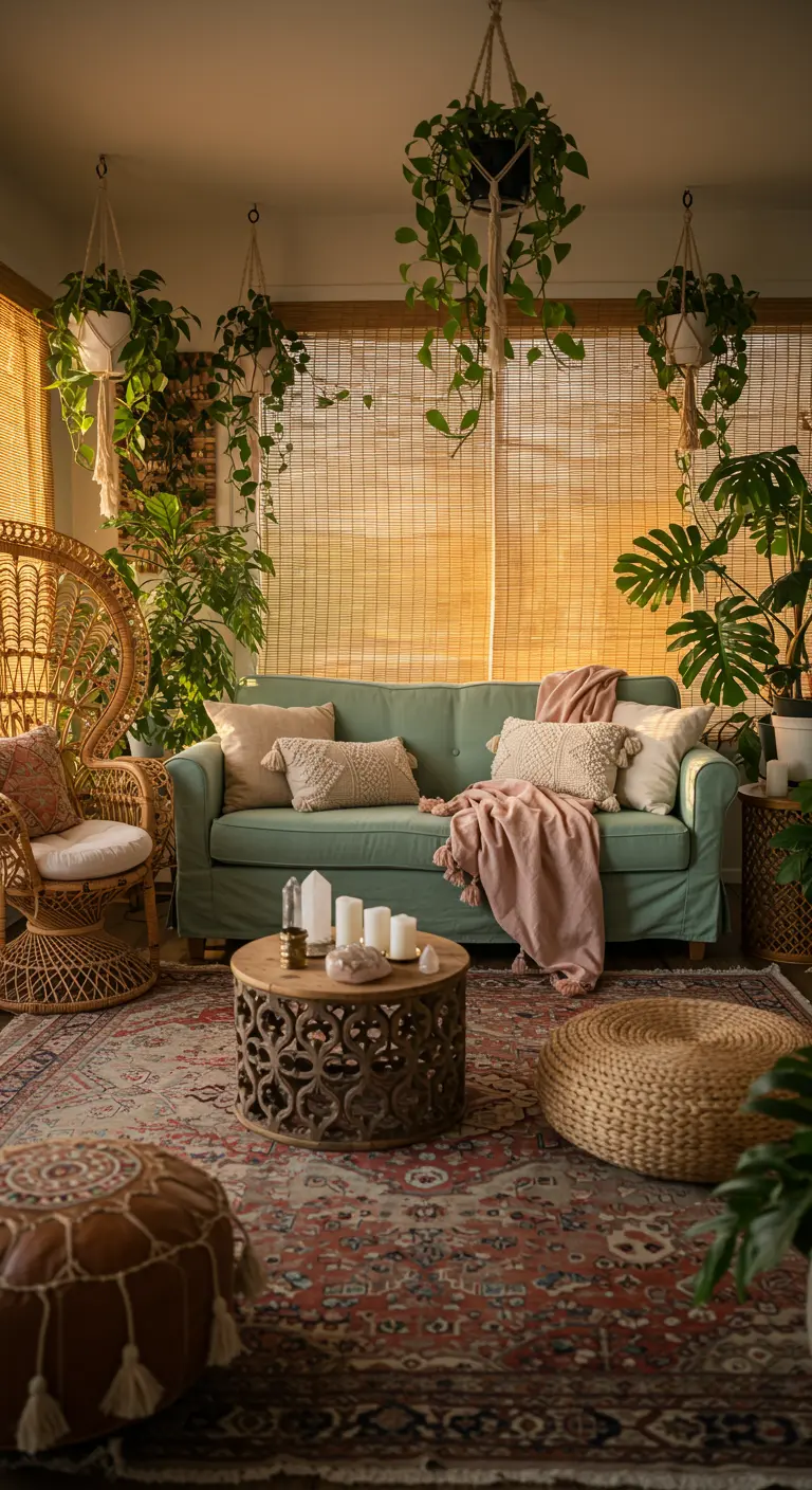 A cozy, plant-filled room with a mint sofa, pink throw, and warm lighting from bamboo blinds.