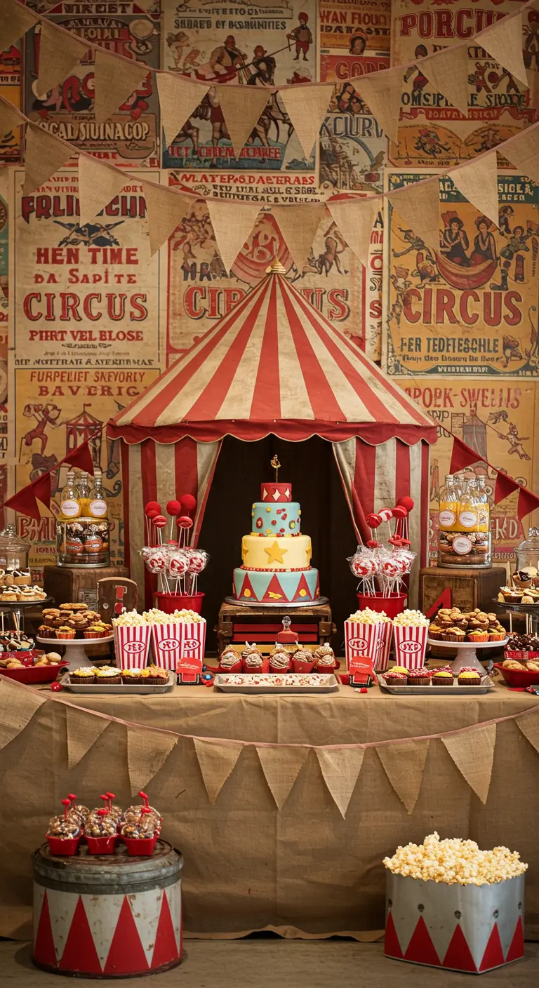 A vintage-themed circus dessert table with a poster collage background.